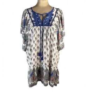 Black Rainn floral boho blouse blue crochet neckline sz XL